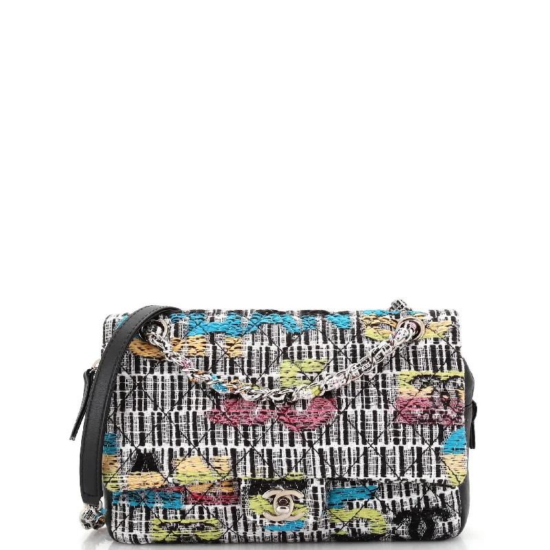 Shoulder bags with playful pom-poms for charm -Easy Fantasy Flap Bag Quilted Multicolor Tweed Small