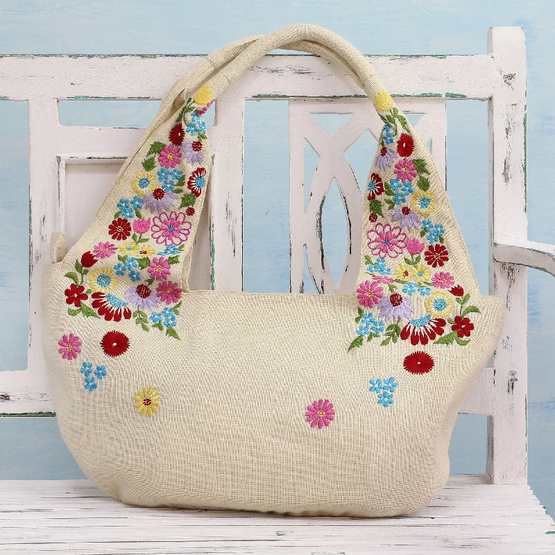 Field of Flowers in Wheat Wheat Colored Floral Jute Blend Hobo Bag from India