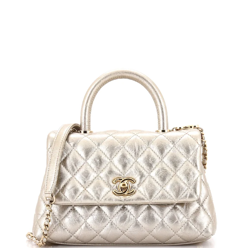 Shoulder bags with tropical prints for summer -Coco Top Handle Bag Quilted Aged Calfskin Mini