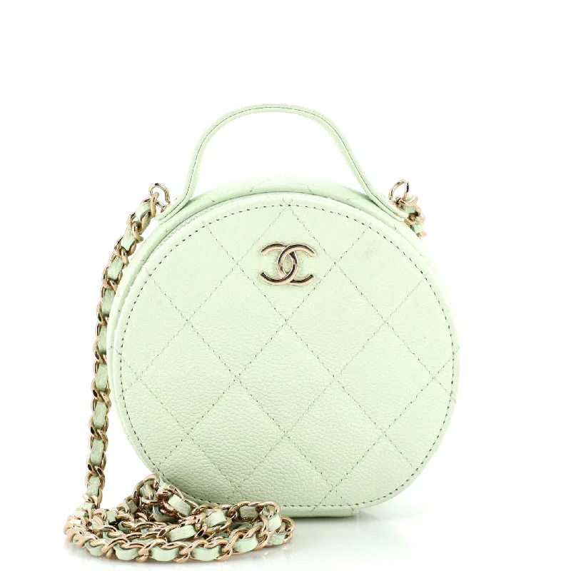 Quilted shoulder bags with elegant textured designs -Handle with Care Round Vanity Case with Chain Quilted Caviar Small