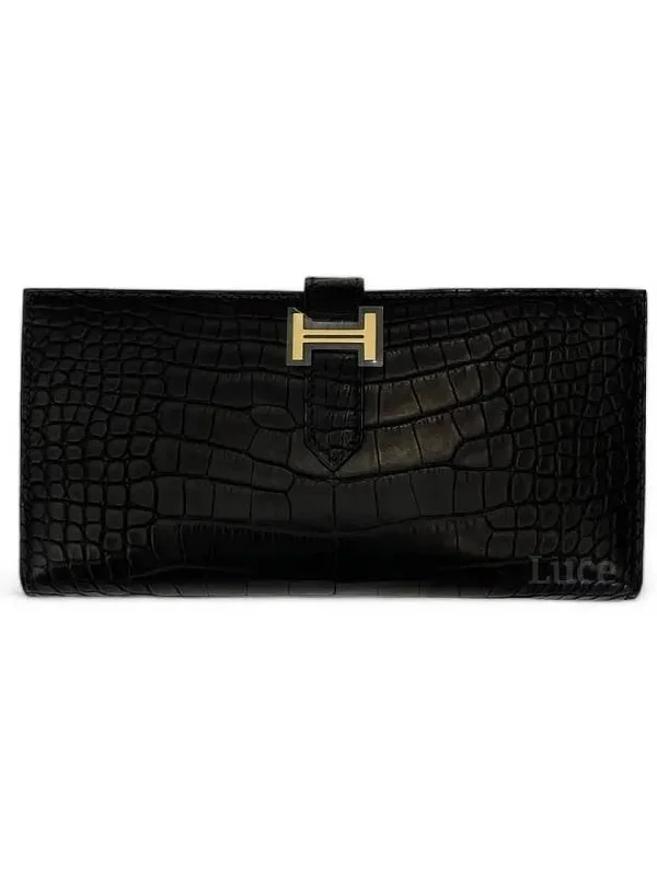 Bean leather long wallet crocodile wani black gold plated