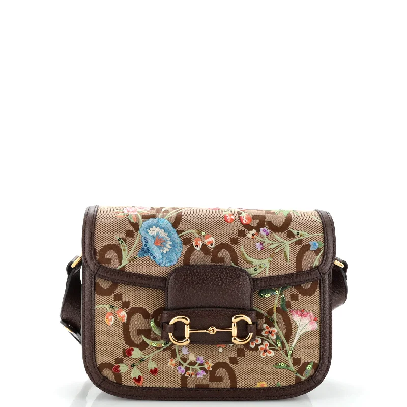 Shoulder bags with geometric patterns for modernity -Horsebit 1955 Shoulder Bag Jumbo GG Flower Jacquard Small