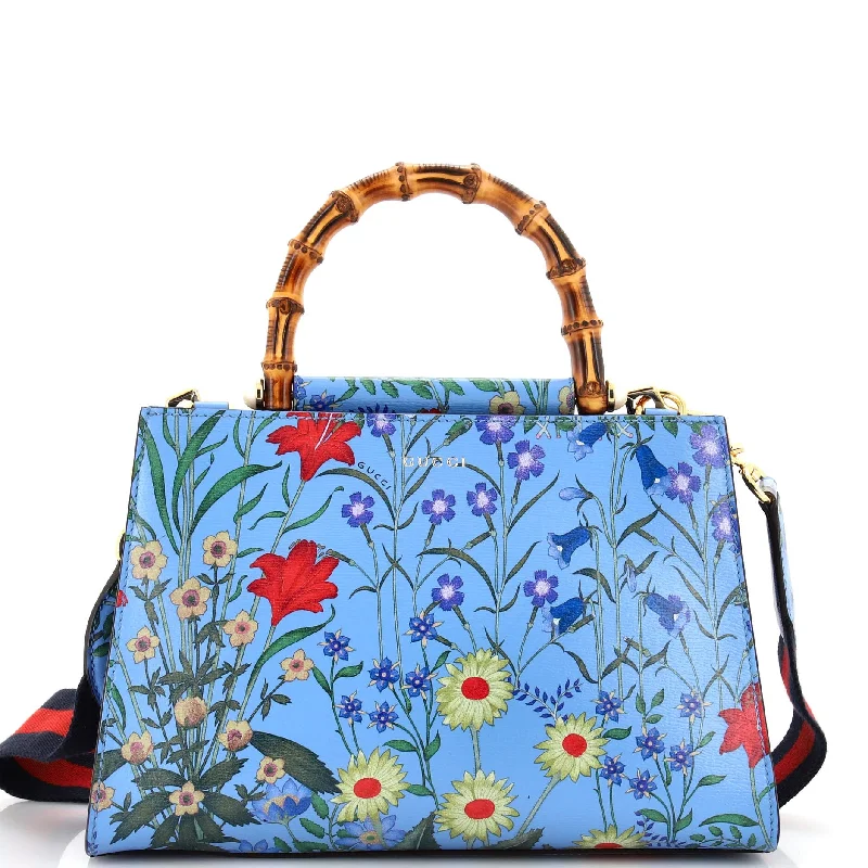 Shoulder bags with striped canvas for beach -Nymphaea Top Handle Bag Floral Printed Leather Small