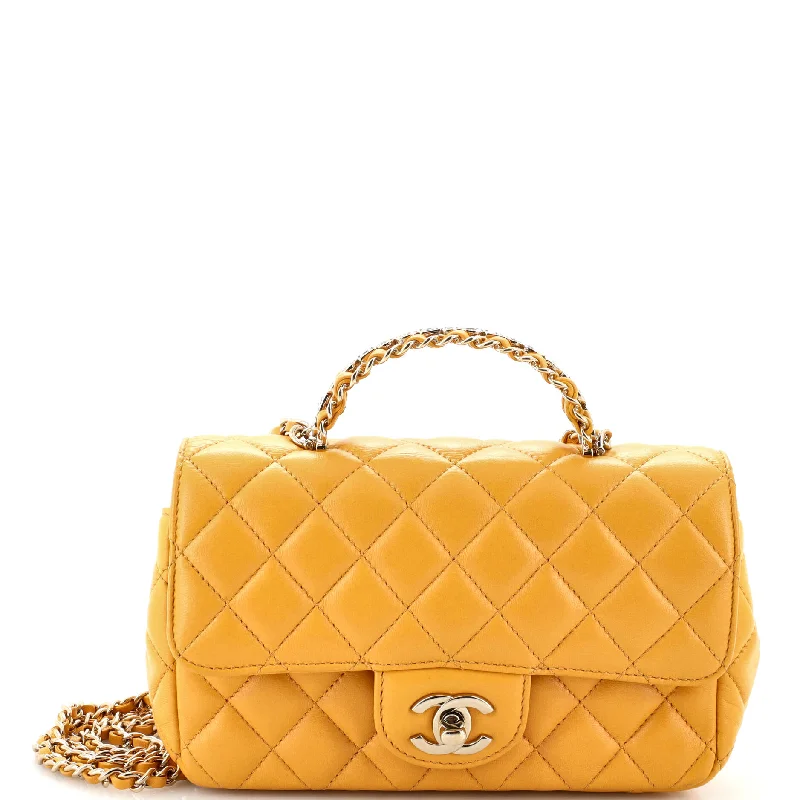 Shoulder bags with thick straps for durability -Crystal Chain Flap Top Handle Bag Quilted Lambskin Mini