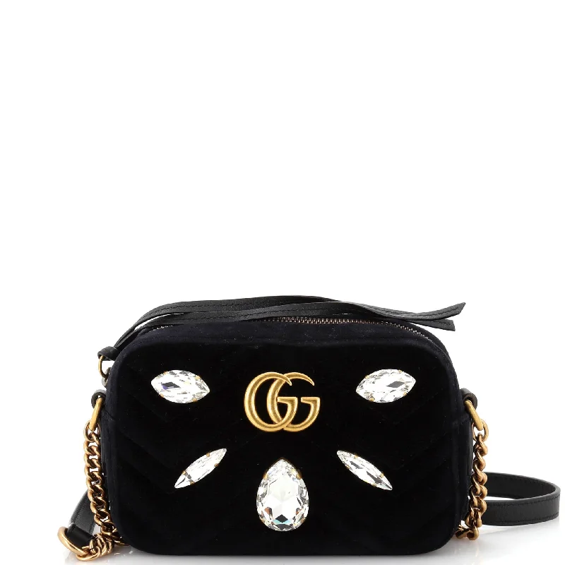 Shoulder bags with pastel colors for softness -GG Marmont Shoulder Bag Crystal Embellished Matelasse Velvet Mini