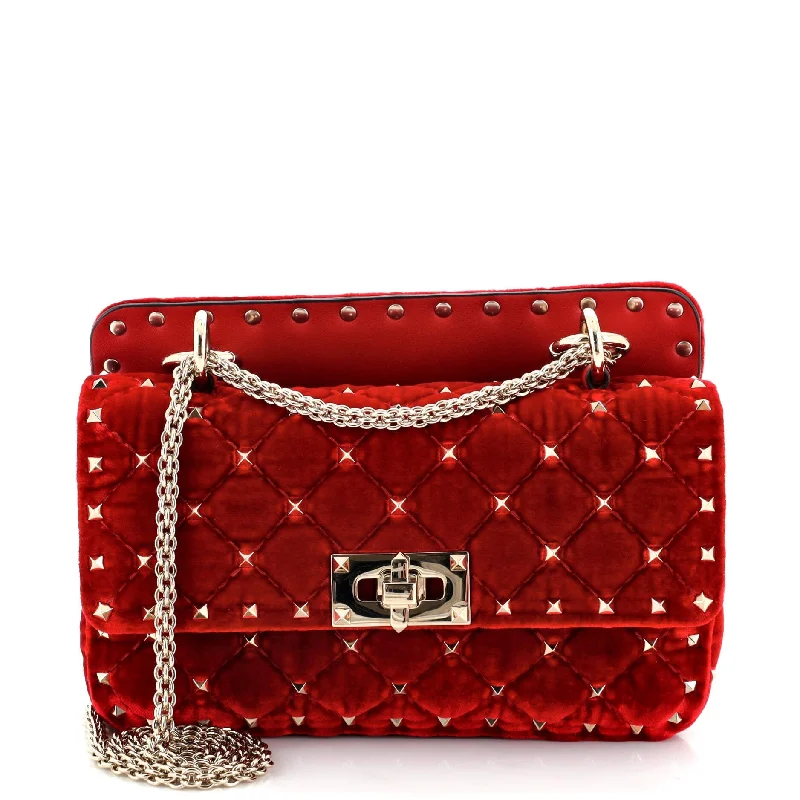 Shoulder bags with bright accents for pop -Rockstud Spike Flap Bag Quilted Velvet Small