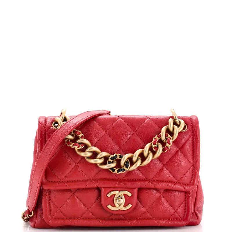 Shoulder bags with elegant gold-tone hardware -Woven Chain Link CC Top Handle Flap Bag Quilted Lambskin Small