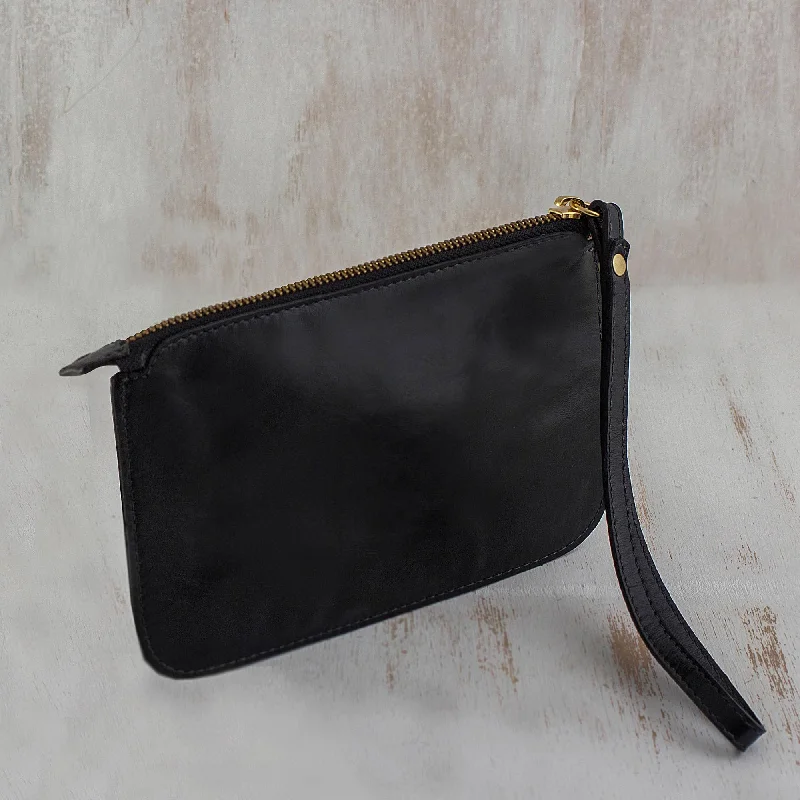 Trendy Fashion in Black Handmade Black Leather Wristlet from Brazil