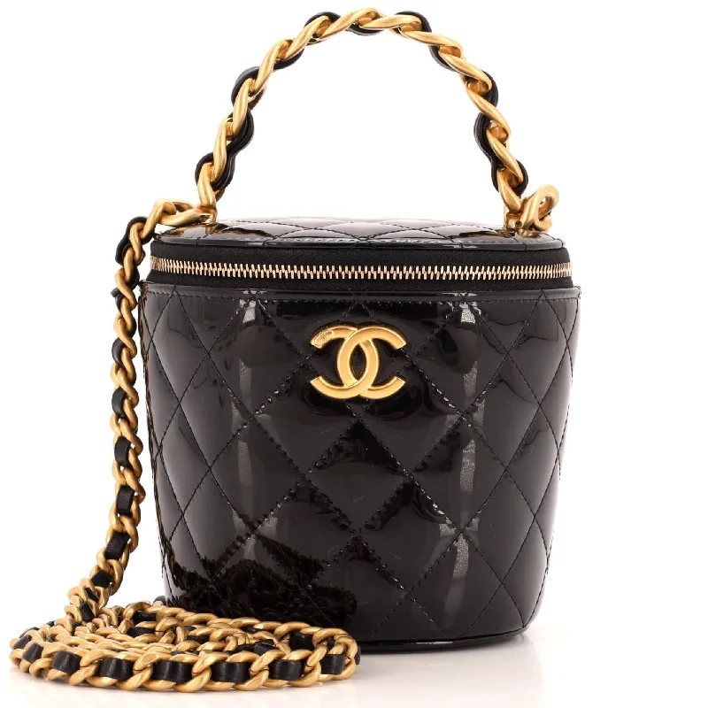 Shoulder bags with chevron designs for trend -Woven Chain Top Handle Vanity Bucket Bag Quilted Patent