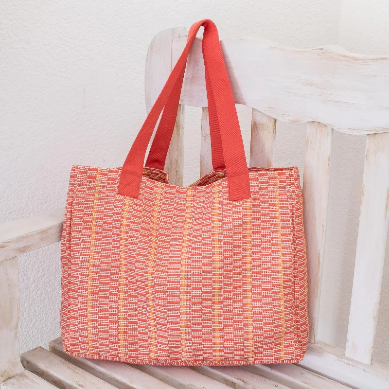 Salmon Honeycomb Cotton Patterned Tote Handbag from Central America