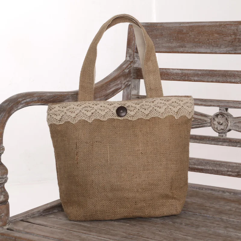 Malioboro Grove Natural Jute Tote Bag with Lace Trim and Coconut Shell