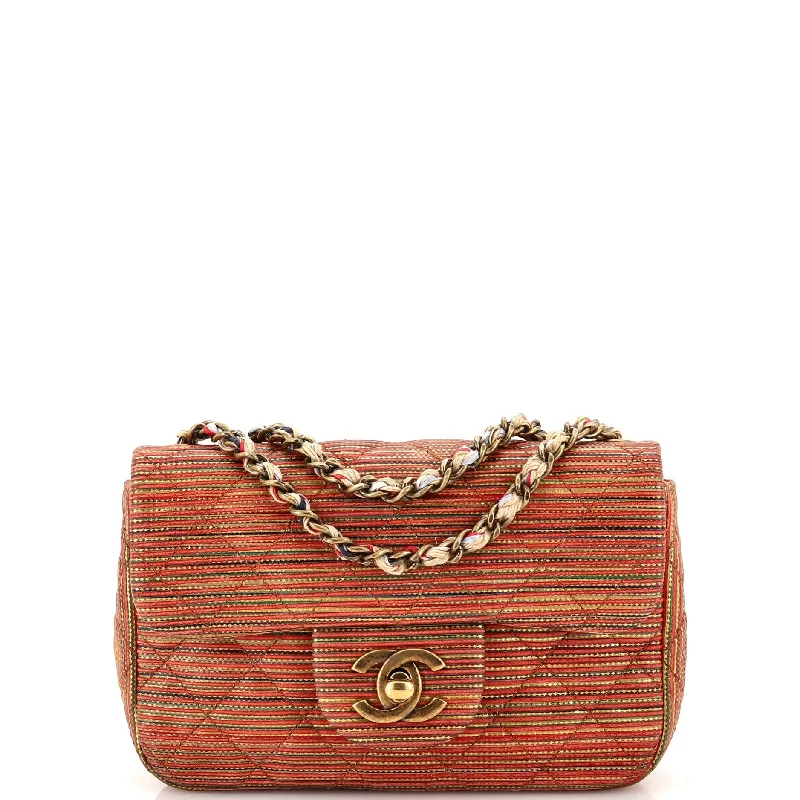 Shoulder bags with playful pom-poms for charm -Multicolor Stripe Flap Bag Raffia Effect Braided Chain Mini