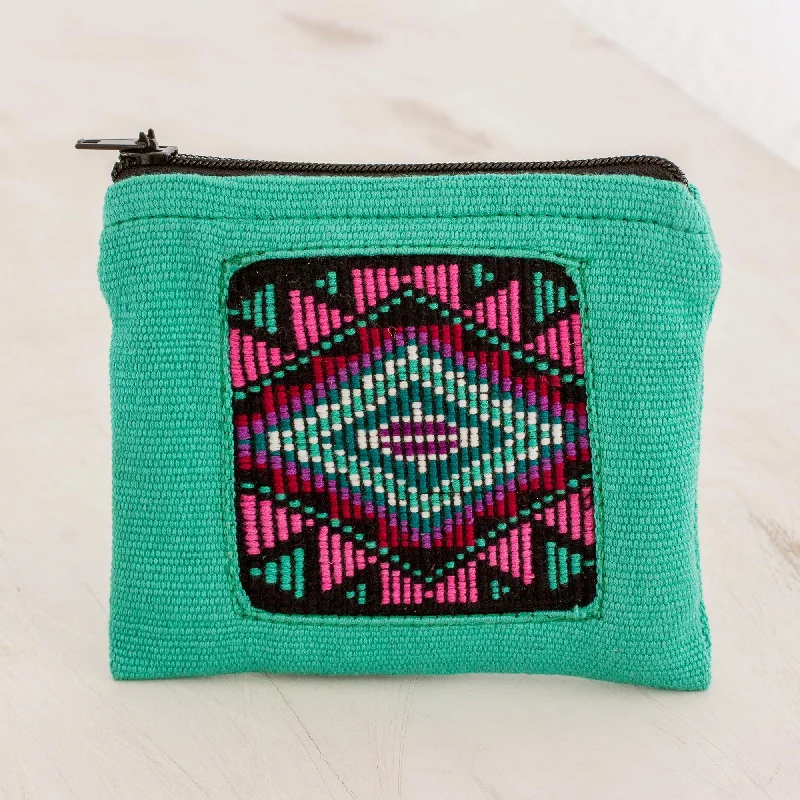 Turquoise Festival Handwoven Cotton Coin Purse in Turquoise from Guatemala