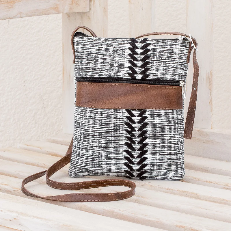 Chevron Heather Black and White Leather Accent Cotton Sling from Guatemala