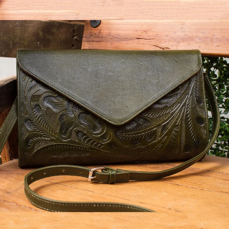 Historic Floral in Moss Floral Pattern Leather Handbag in Moss from Mexico