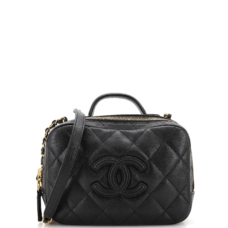 Shoulder bags with retro logos for charm -CC Top Handle Zip Around Vanity Case with Chain Quilted Caviar Small