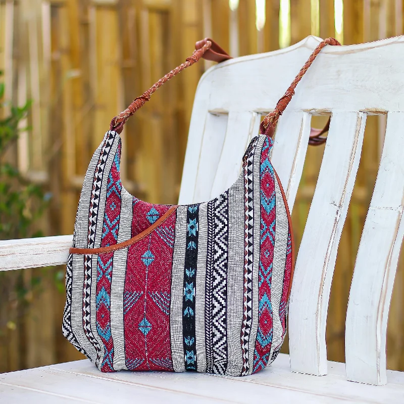 Fabled Land in Red Cotton Blend Sling Bag with Geometric Motif