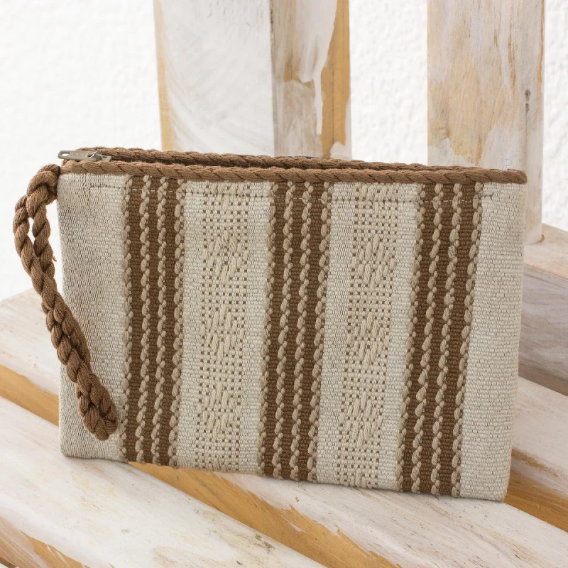 Ivory Casual Hand Woven Ivory and Brown 100% Cotton Wristlet Bag