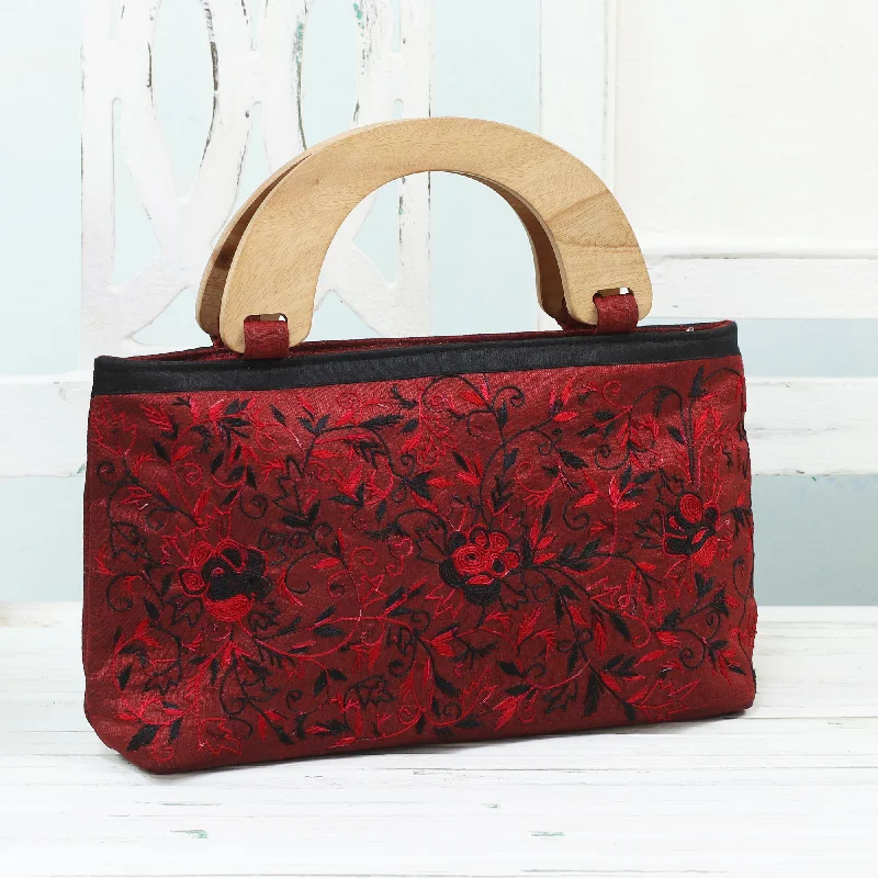 Wine and Roses Evening Handbag Embroidered with Roses from India