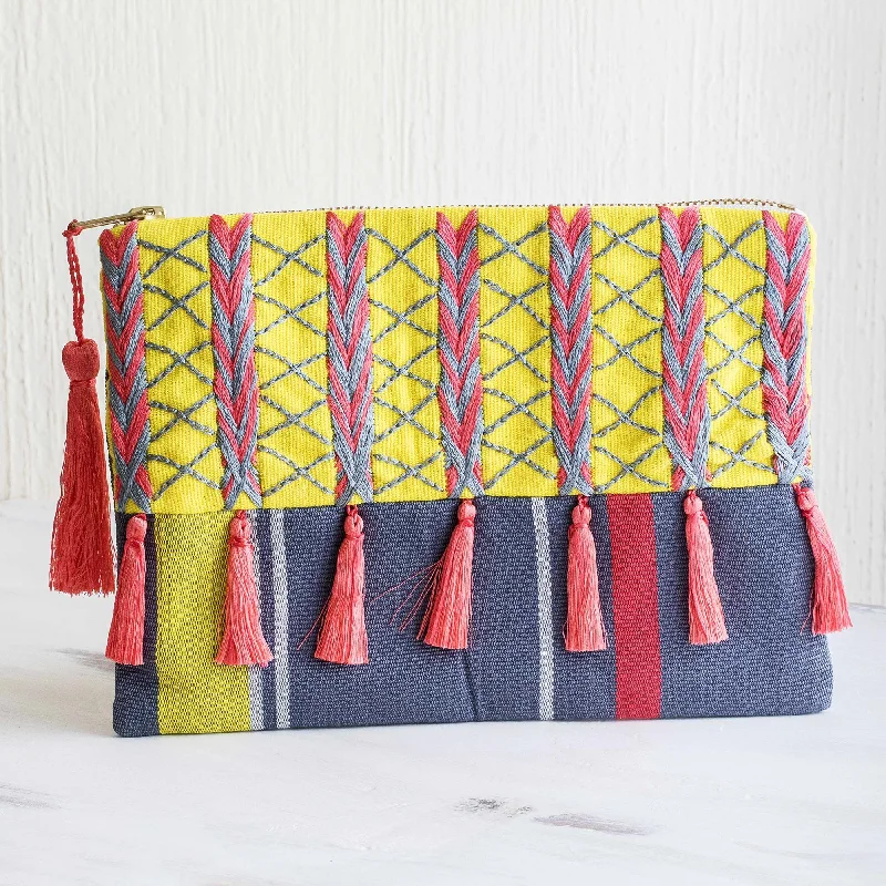 Pink Zigzags Pink and Yellow Embroidered Grey Cotton Cosmetic Bag