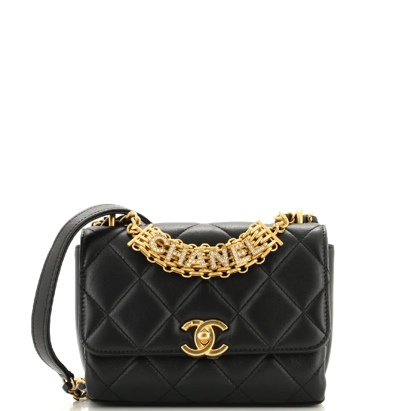 Shoulder bags with neutral leather for elegance -Crystal Logo Letters Chain Handle Flap Bag Quilted Lambskin Mini