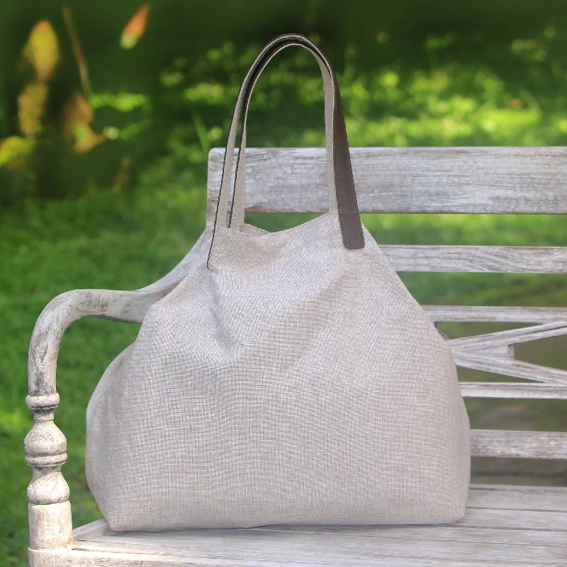 Oyster Style Leather Accent Cotton Tote in Solid Oyster from Java