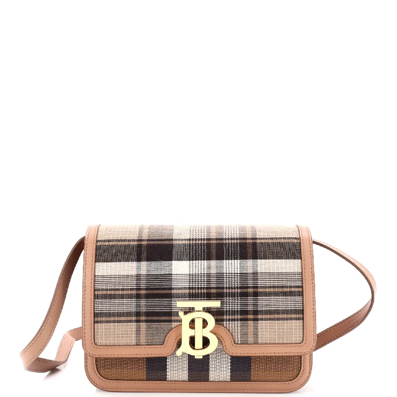 Durable shoulder bags for heavy daily use -TB Flap Bag Tartan Canvas with Leather Small