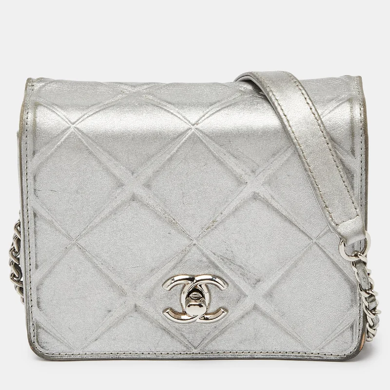 Shoulder bags with metallic finishes for shine -Chanel Silver Leather Mini Propeller Flap Bag