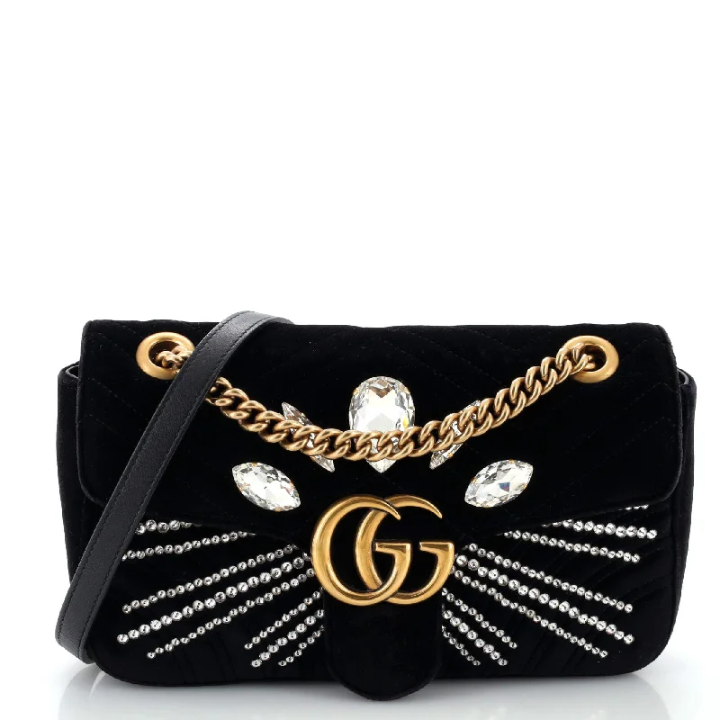 Shoulder bags with floral prints for spring -GG Marmont Flap Bag Crystal Embellished Matelasse Velvet Medium