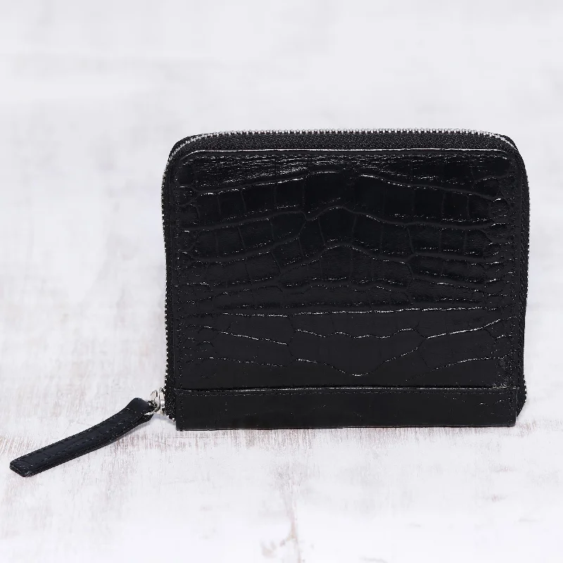 Travel Light in Black Black Leather Zippered Wallet with Crocodile Motif