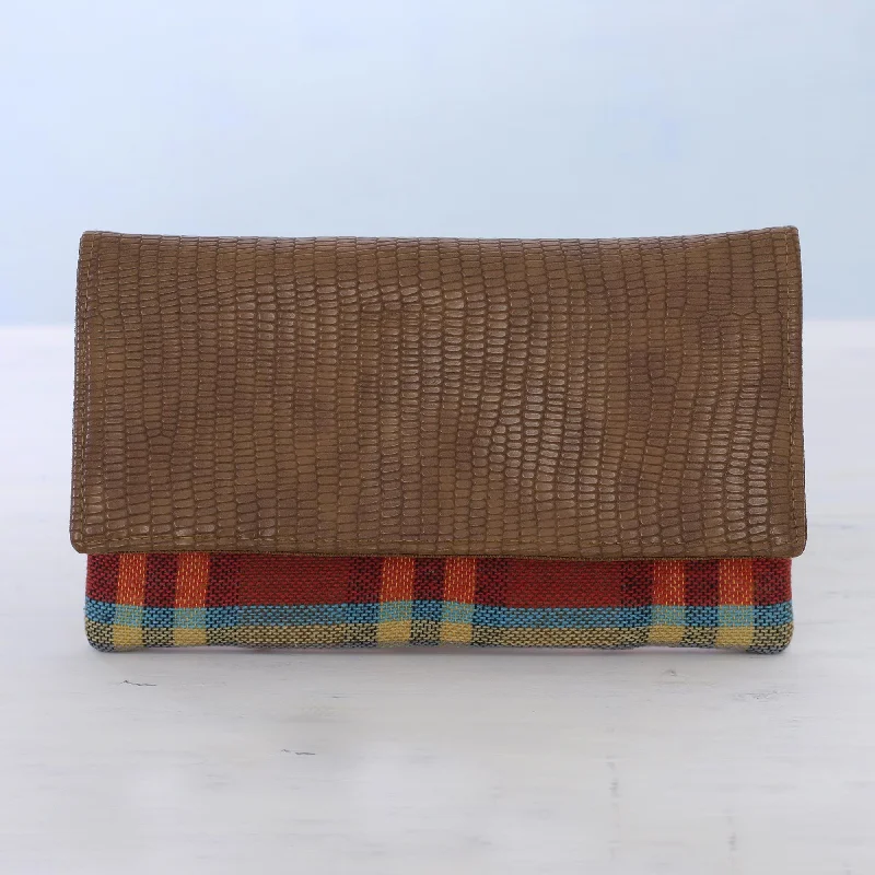 Vibrant Checks Leather Accent Cotton Clutch with Checks from India