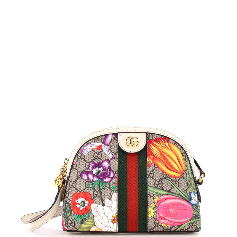 Shoulder bags with side pockets for organization -Ophidia Dome Shoulder Bag Flora GG Coated Canvas Small