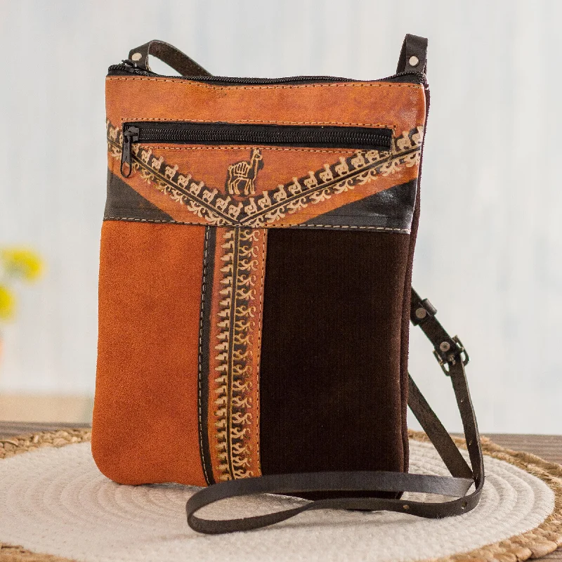 Mountain Llama Llama Pattern Leather Accented Suede Sling in Brown