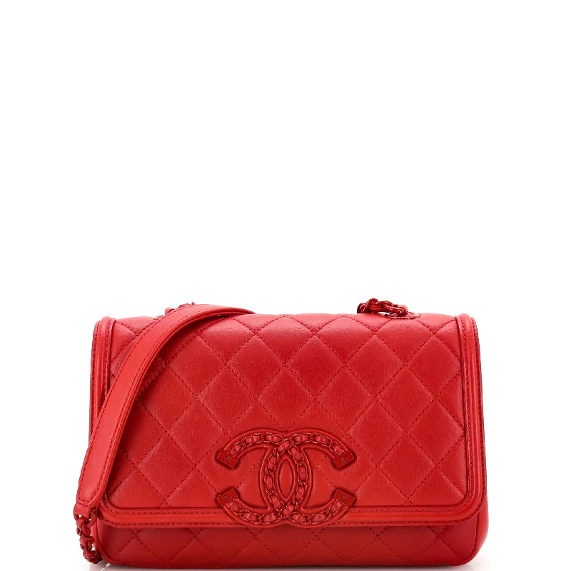 Shoulder bags with drawstring tops for style -Filigree Flap Bag Quilted Lambskin with Chain Detail Small