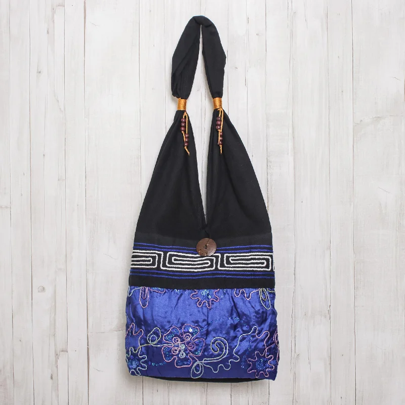 Glittering Blue Flower Black and Blue Cotton with Floral Pattern Shoulder Bag