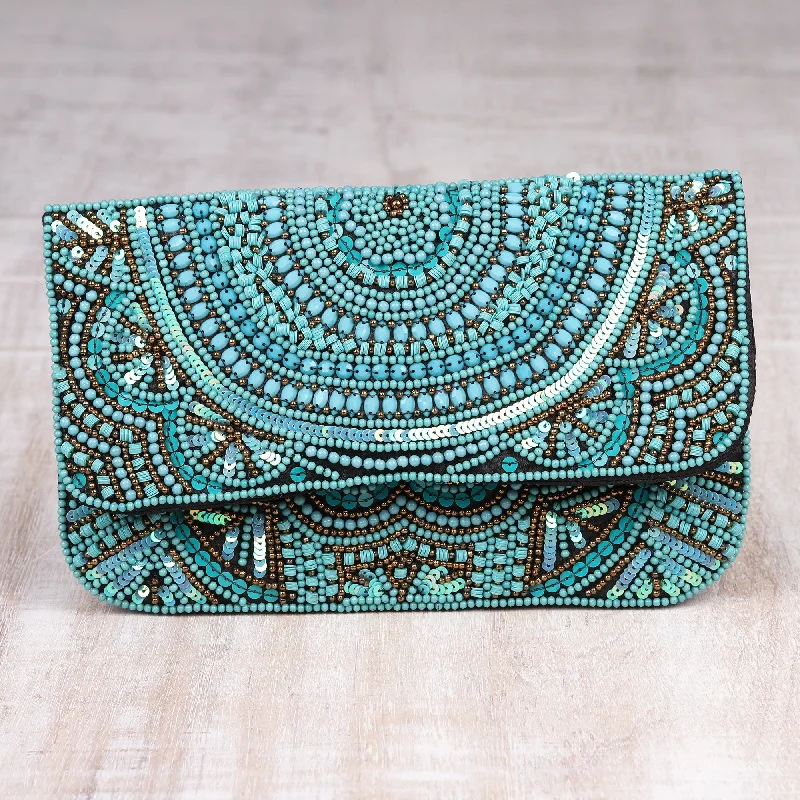 Turquoise Glamour Turquoise Beaded and Sequined Silk Evening Clutch from India