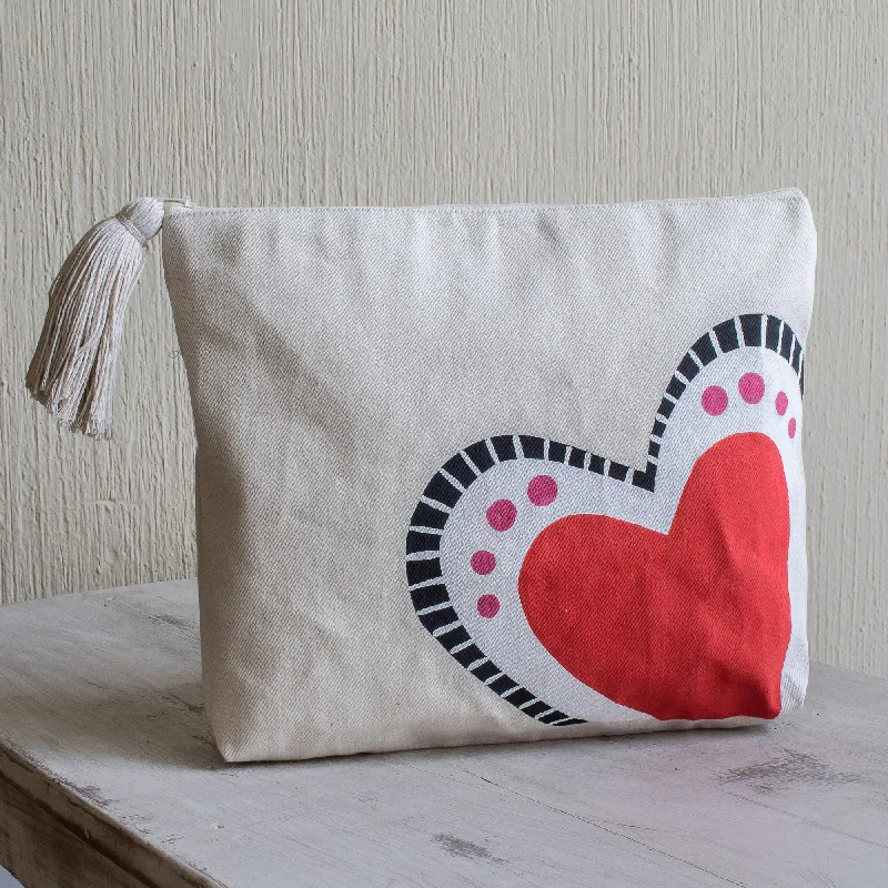 The Heart Sings Hand-Painted 7 Inch Ivory Cotton Heart Theme Cosmetic Bag