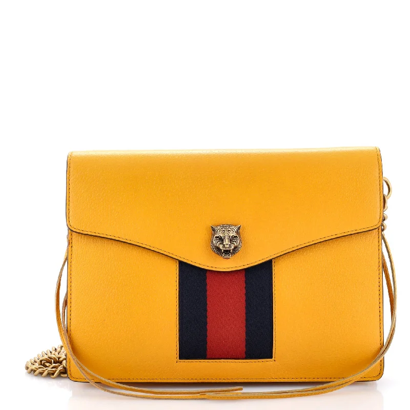 Shoulder bags with striped canvas for beach -Animalier Web Chain Shoulder Bag Leather Small