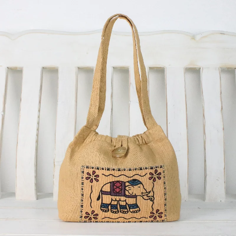 Chic Elephant Cotton Shoulder Bag with Elephant Prints from Thailand