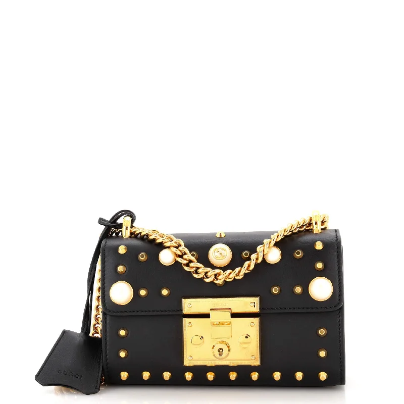 Shoulder bags with retro logos for charm -Pearly Padlock Shoulder Bag Studded Leather Small