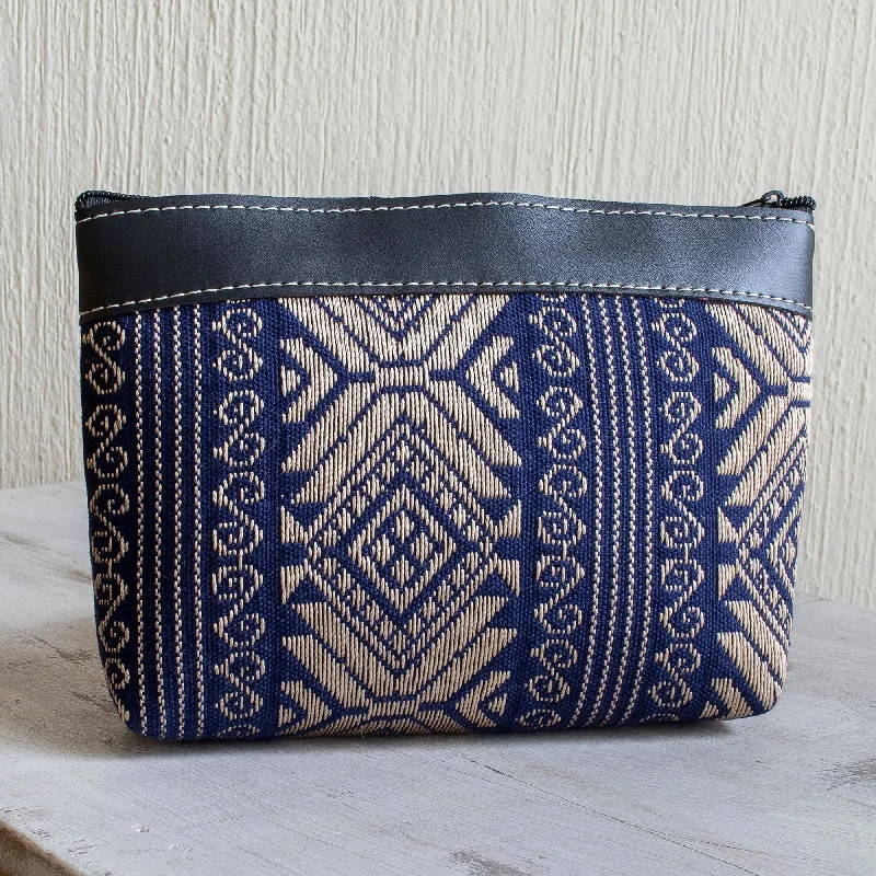 Sweet Journey in Navy Navy and Beige Hand Crafted Cotton Cosmetic Bag