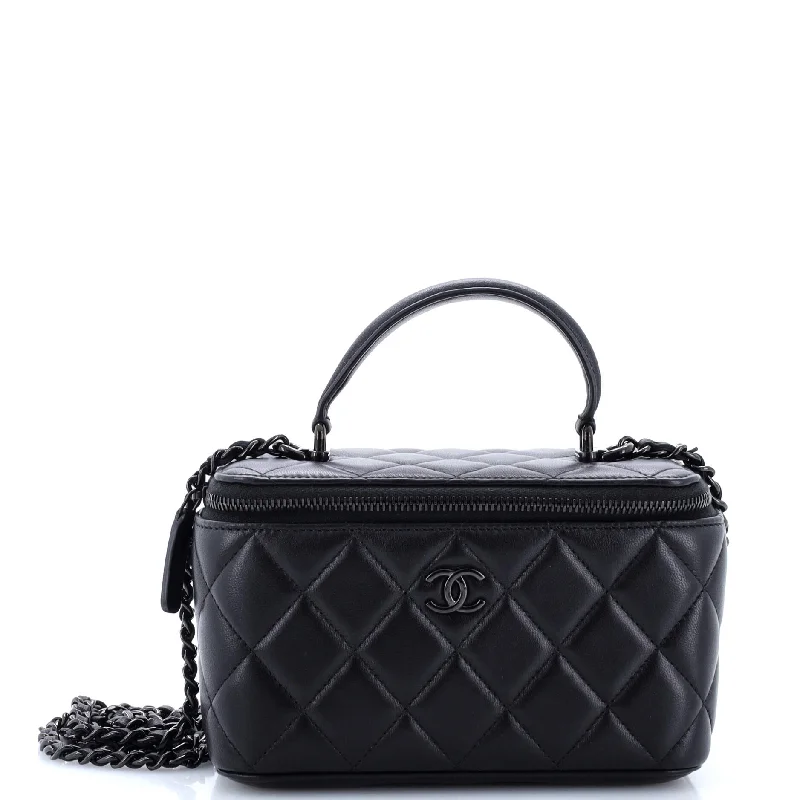 Foldable shoulder bags for easy travel storage -So Black Top Handle Vanity Case with Chain Quilted Lambskin Small