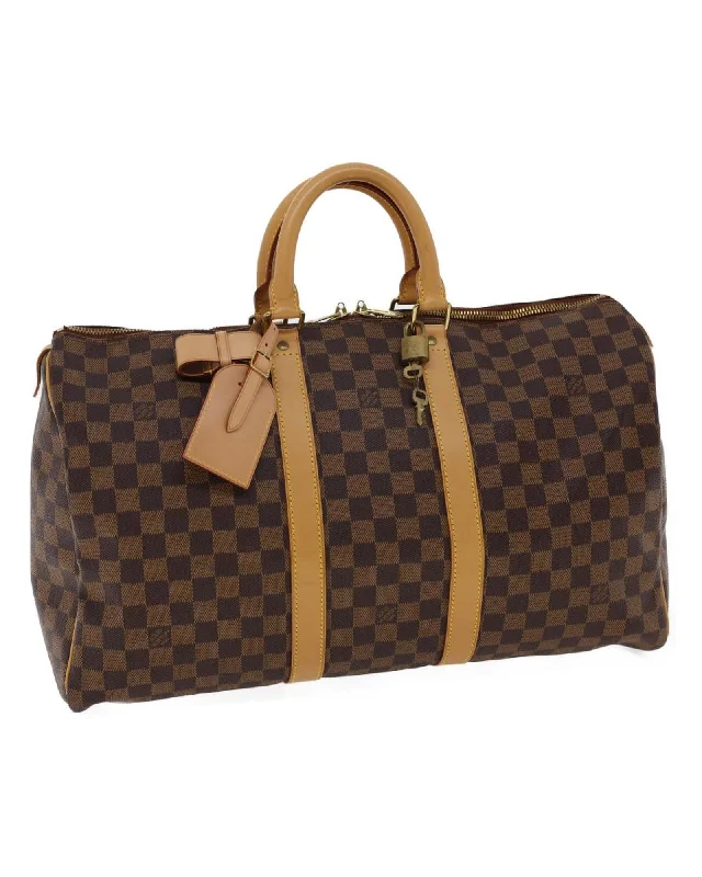 Tote bags with fold-over flaps for a functional and stylish closure-Damier Ebene Keepall 45 Boston Bag