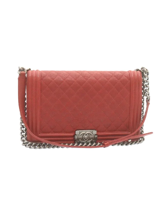 Stylish tote bags with metallic finishes for a modern and glamorous touch-Red Leather Boy Chanel Matelasse Shoulder Bag