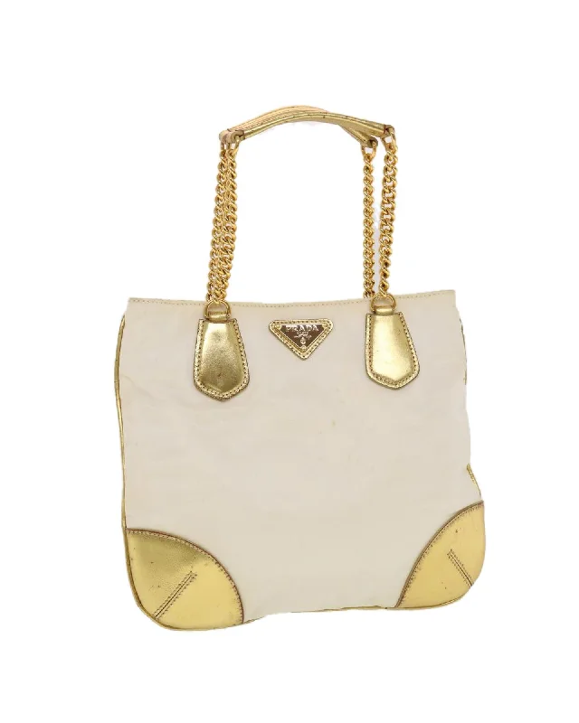 Best tote bags with leather and fabric mix for an elegant, versatile style-White Nylon Chain Shoulder Bag