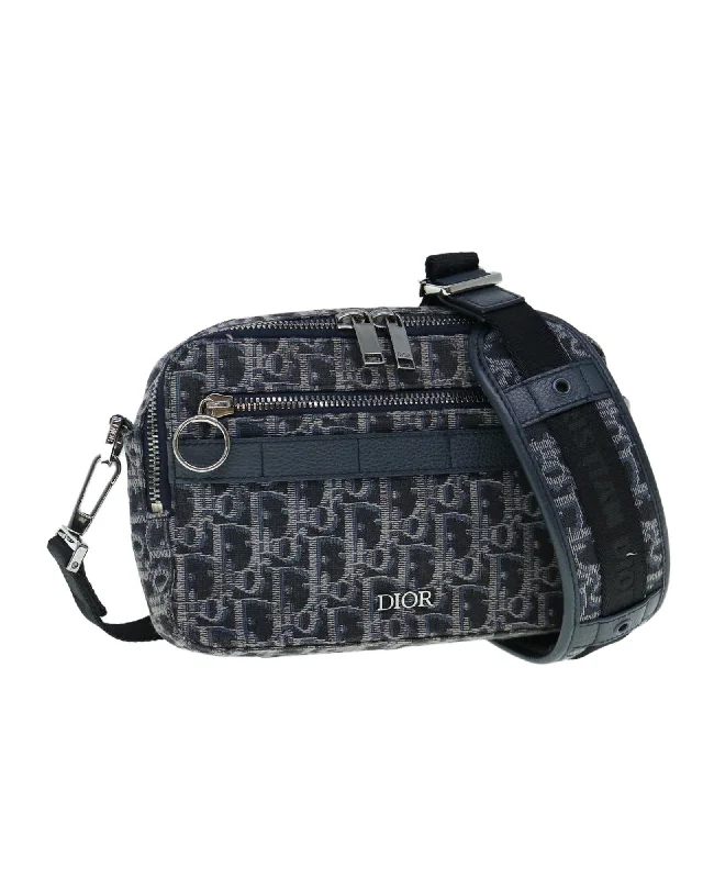 Tote bags with bold plaid designs for a classic, preppy style-Navy Trotter Canvas Shoulder Bag by Christian Dior