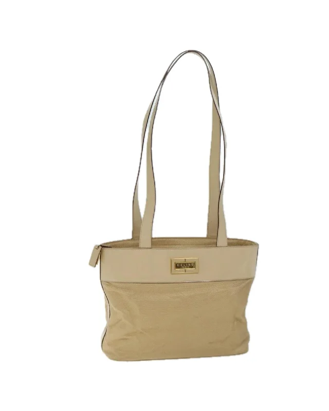 Tote bags with animal motif designs for a quirky and playful touch-Beige Canvas Shoulder Bag with Accessory - Italian Made