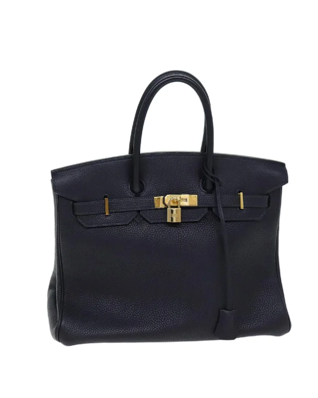 Tote bags with fold-over flaps for a functional and stylish closure-Navy Leather Hand Bag with Accessories and Dust Bag - Rank A