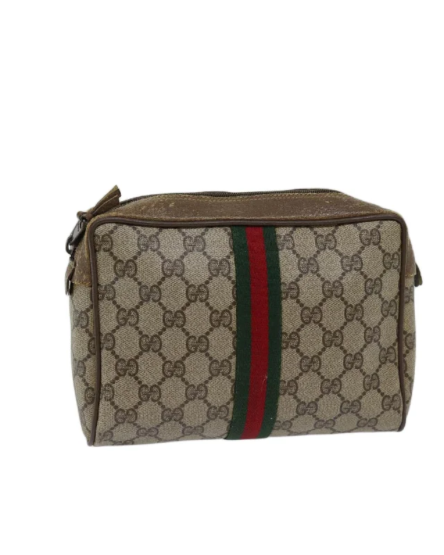 Tote bags with bold plaid designs for a classic, preppy style-GG Supreme Web Clutch Bag Beige/Red PVC & GG Canvas Italy