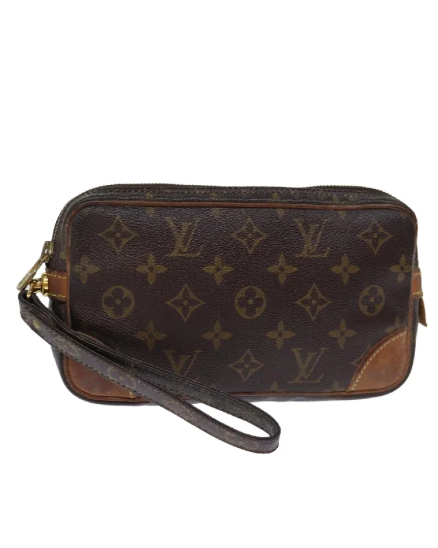 Tote bags with spacious interiors and multiple compartments for easy organization-Monogram Canvas Clutch Bag with Dragonne Strap - Authentic LV